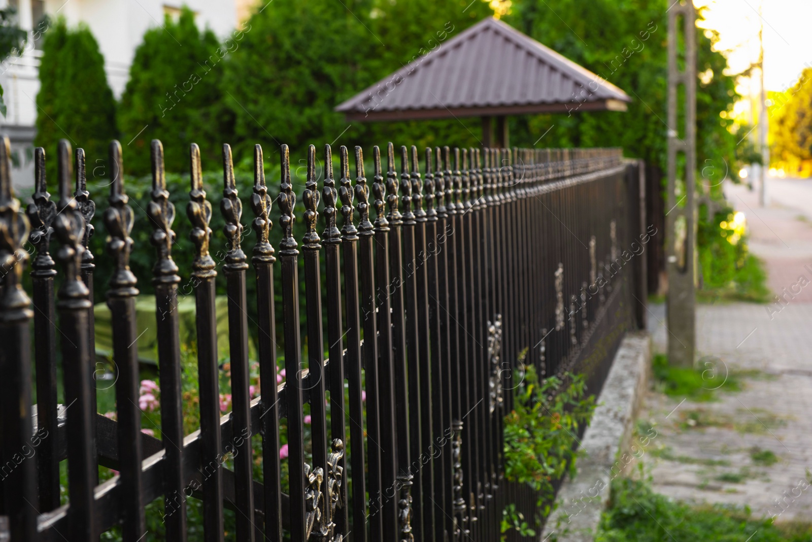 Photo of Beautiful black iron fence near pathway outdoors