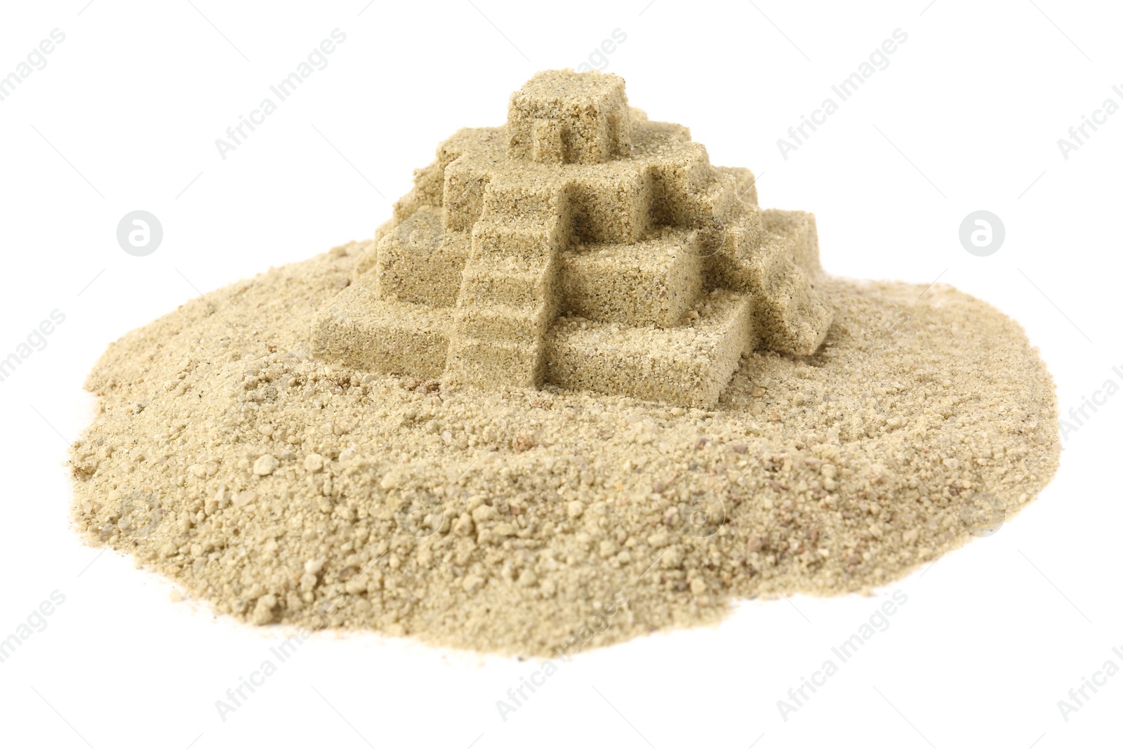 Photo of Pile of sand with beautiful castle isolated on white. Outdoor play