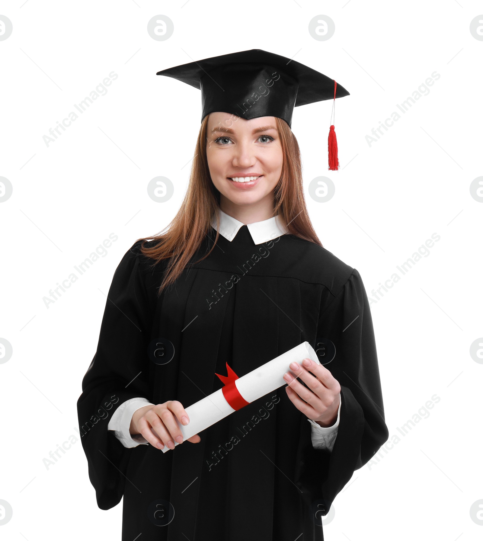 Photo of Happy student with graduation hat and diploma on white background