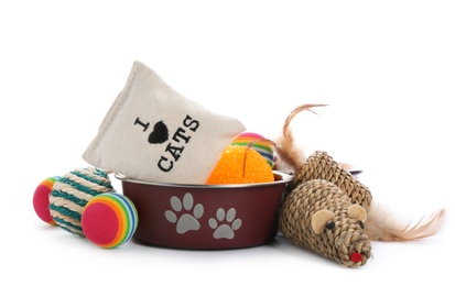 Photo of Cat toys and accessories on white background. Pet care