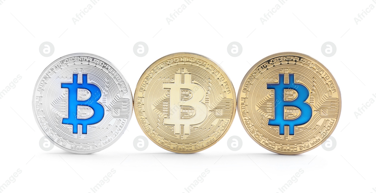 Photo of Row of bitcoins isolated on white. Digital currency