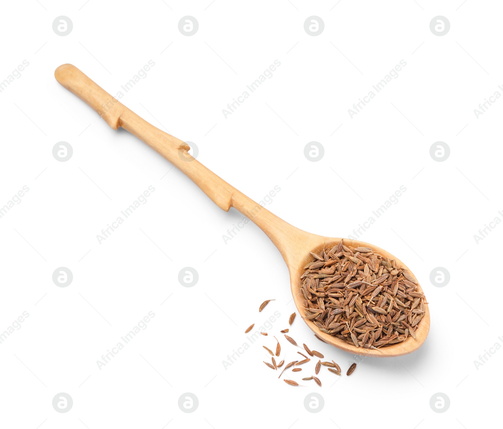 Photo of Spoon of aromatic caraway (Persian cumin) seeds isolated on white