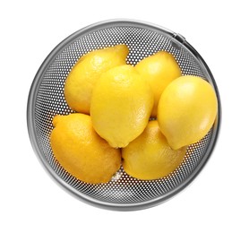 Photo of Colander with fresh lemons isolated on white, top view