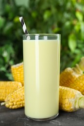 Photo of Tasty fresh corn milk and cobs on grey table against blurred background