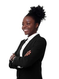 Photo of Portrait of happy woman with crossed arms on white background. Lawyer, businesswoman, accountant or manager