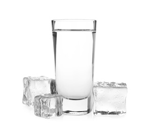 Photo of Vodka in shot glass and ice cubes on white background