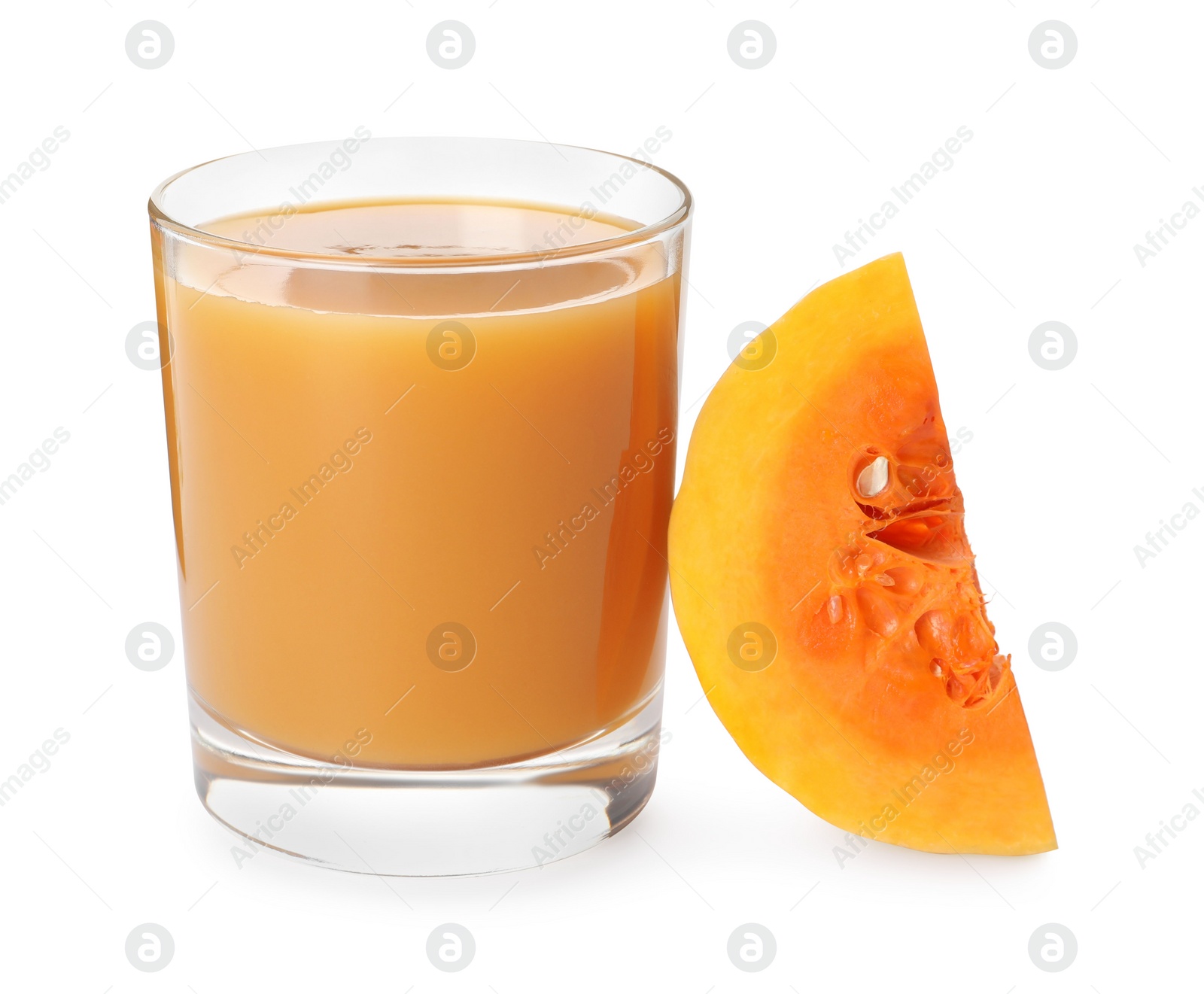 Photo of Glass with pumpkin juice and fresh vegetable on white background