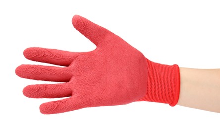 Photo of Woman in gardening glove on white background, closeup
