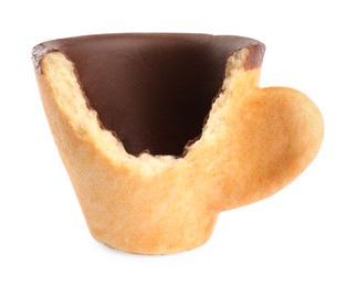 Photo of Bitten biscuit cup with chocolate isolated on white