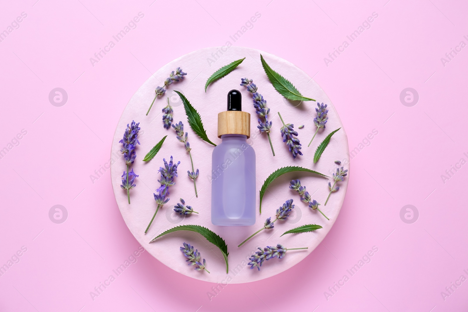Photo of Bottle of lavender essential oil surrounded by leaves and flowers on pink background, top view