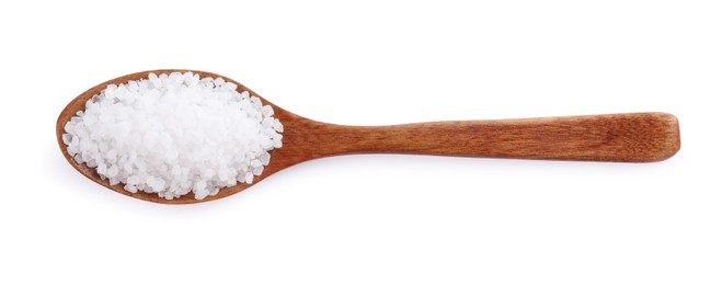 Photo of Wooden spoon with natural sea salt isolated on white, top view