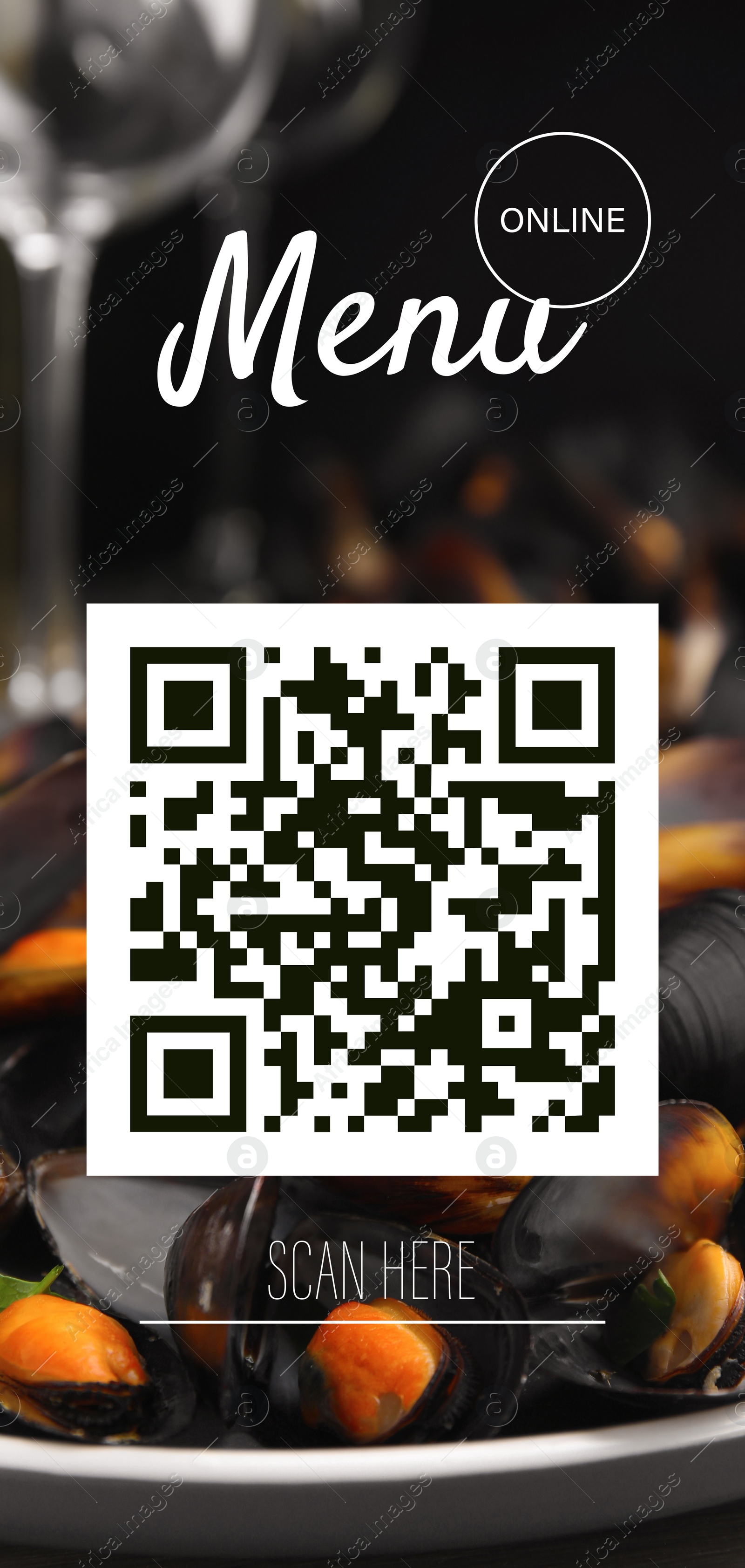 Image of Scan QR code for contactless menu. Tasty cooked mussels on plate, closeup