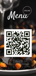 Scan QR code for contactless menu. Tasty cooked mussels on plate, closeup