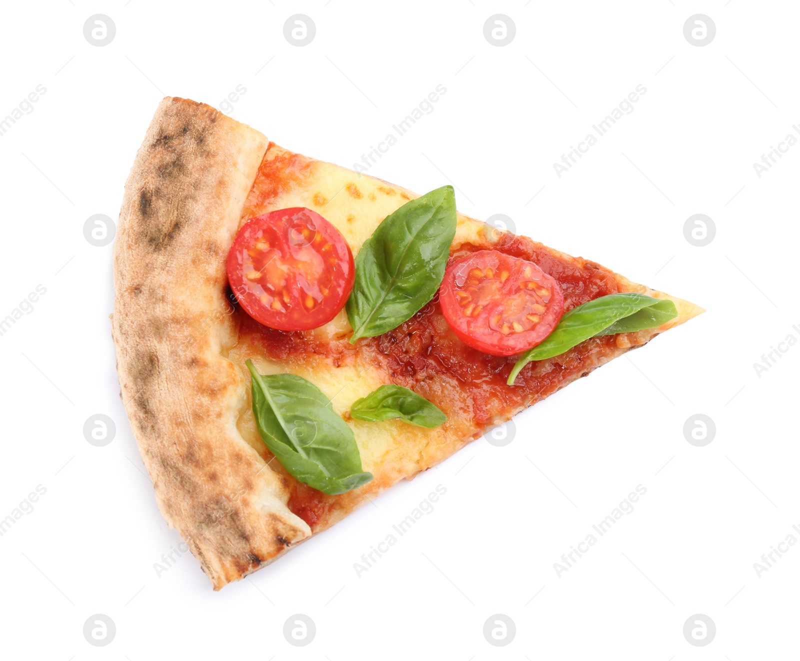 Photo of Slice of delicious pizza isolated on white, top view