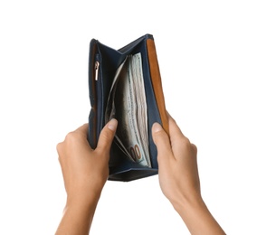 Young woman holding wallet with dollar bills on white background, closeup