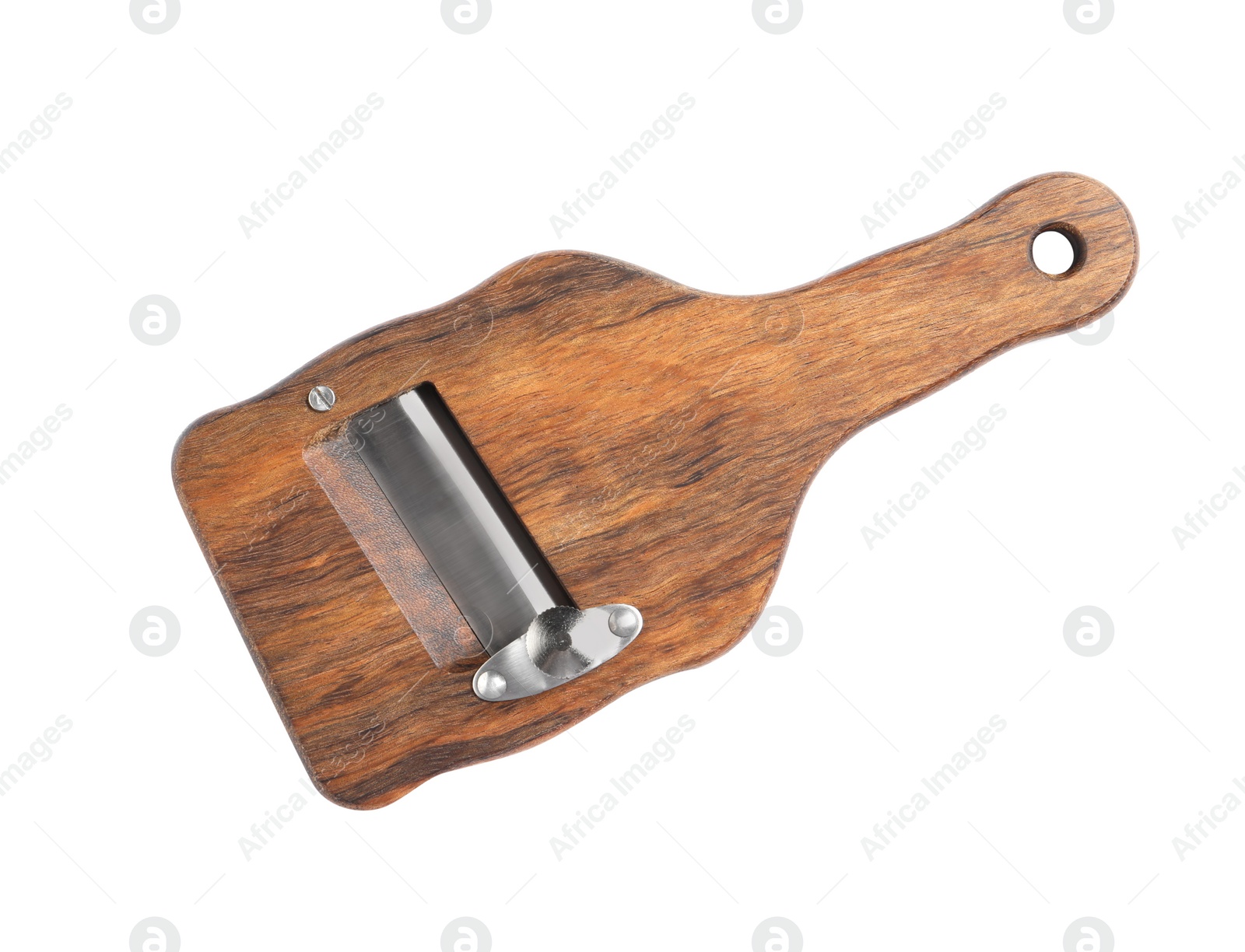 Photo of Wooden truffle slicer with stainless steel blade isolated on white, top view