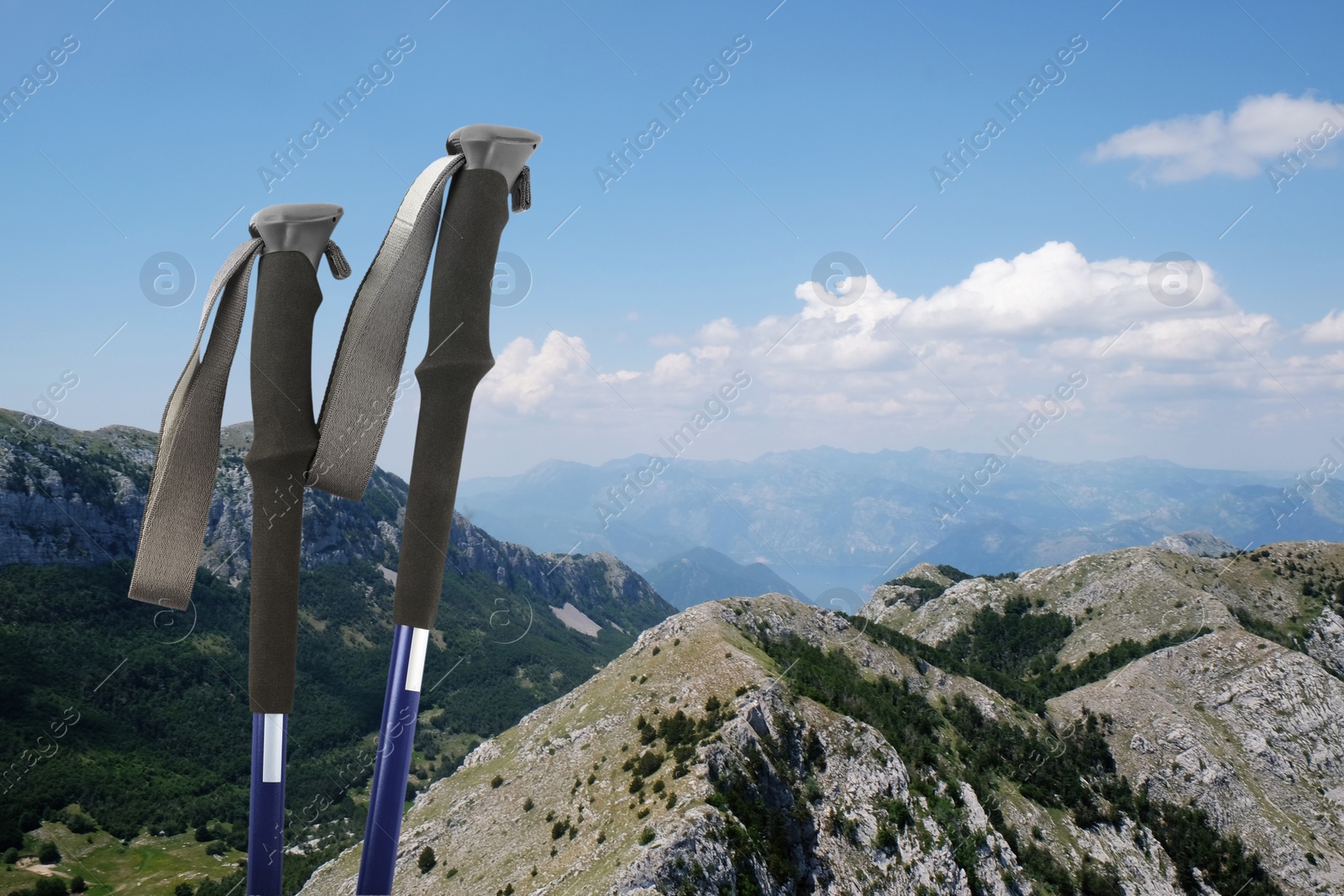 Image of Trekking poles and beautiful view of mountains on sunny day. Space for text