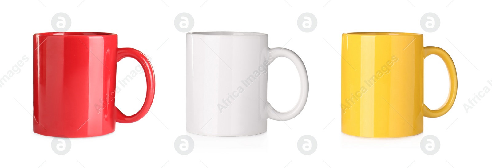 Image of Set with different ceramic mugs on white background. Banner design