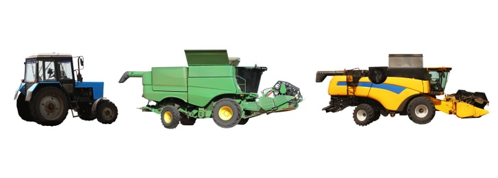 Image of Set of different agricultural machinery on white background. Banner design 