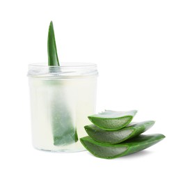 Photo of Fresh aloe juice in jar and cut leaves isolated on white