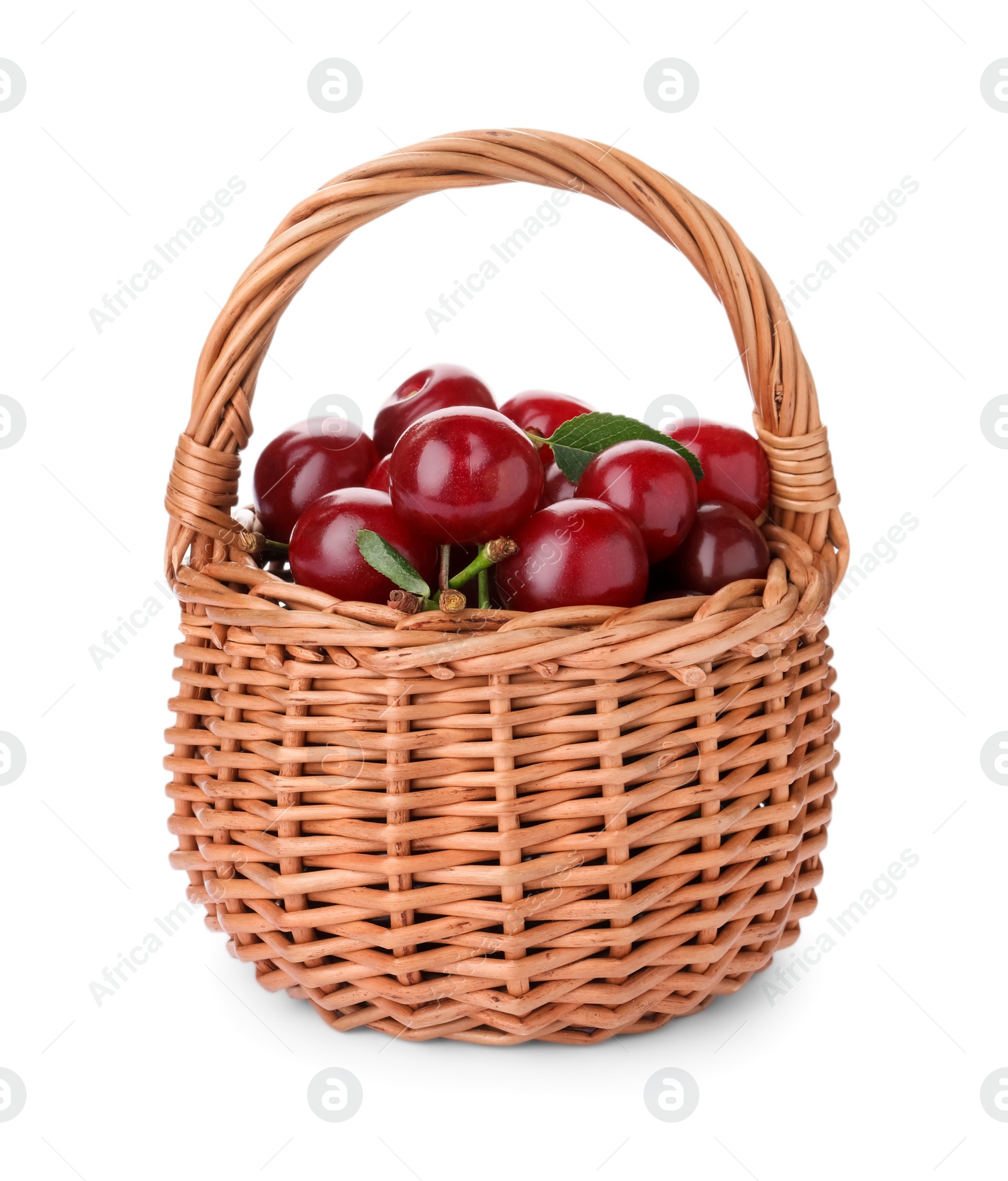 Photo of Sweet juicy cherries in basket isolated on white