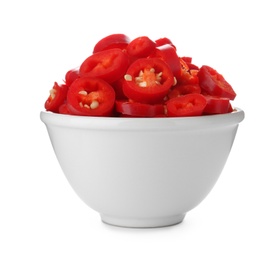 Photo of Bowl with cut chili peppers on white background