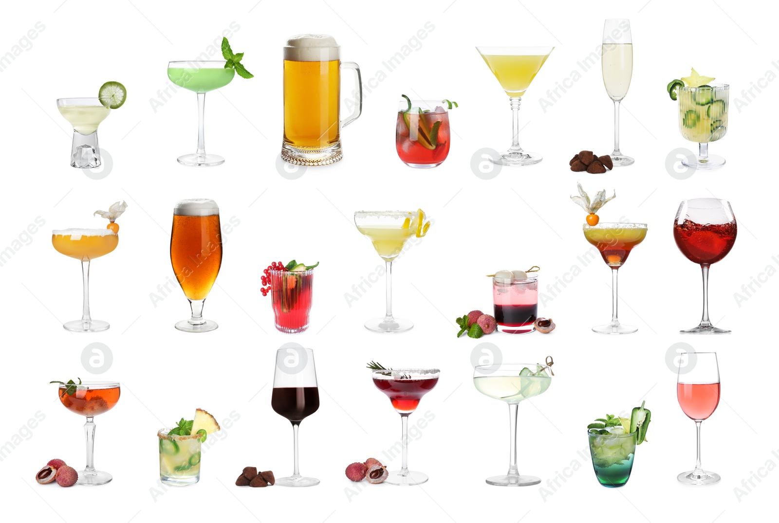 Image of Set with different alcoholic beverages and cocktails on white background