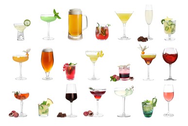 Image of Set with different alcoholic beverages and cocktails on white background