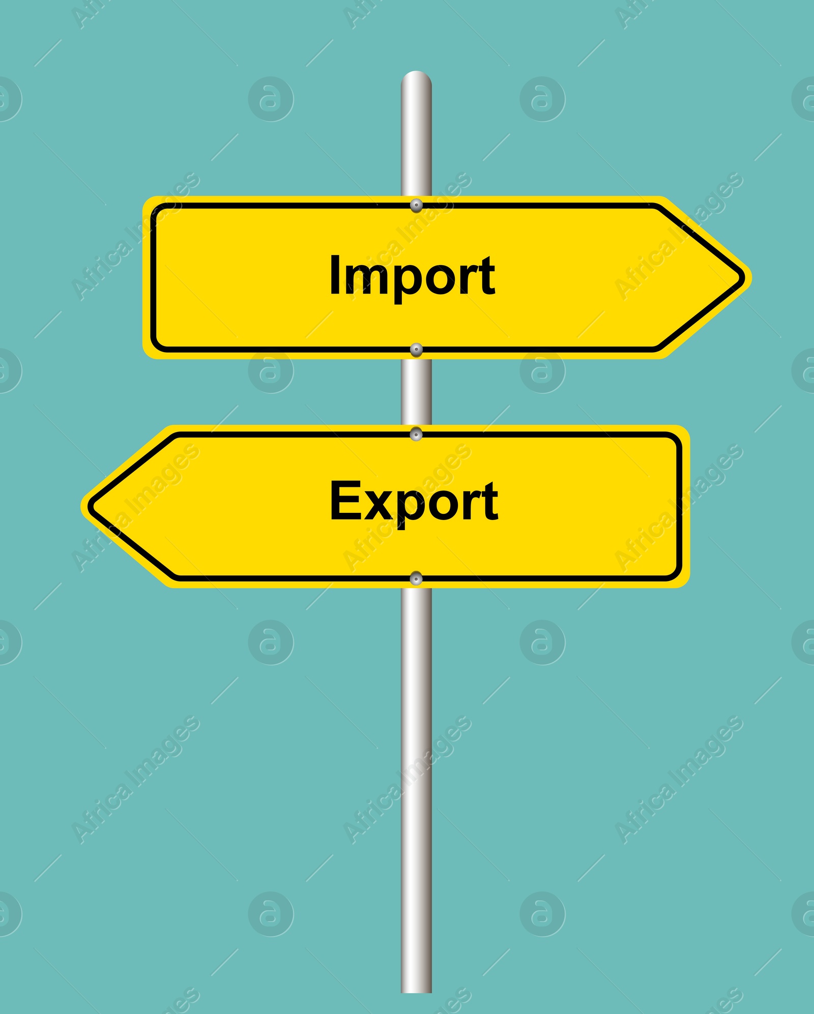 Illustration of Import Export arrow shaped yellow road sign on turquoise background