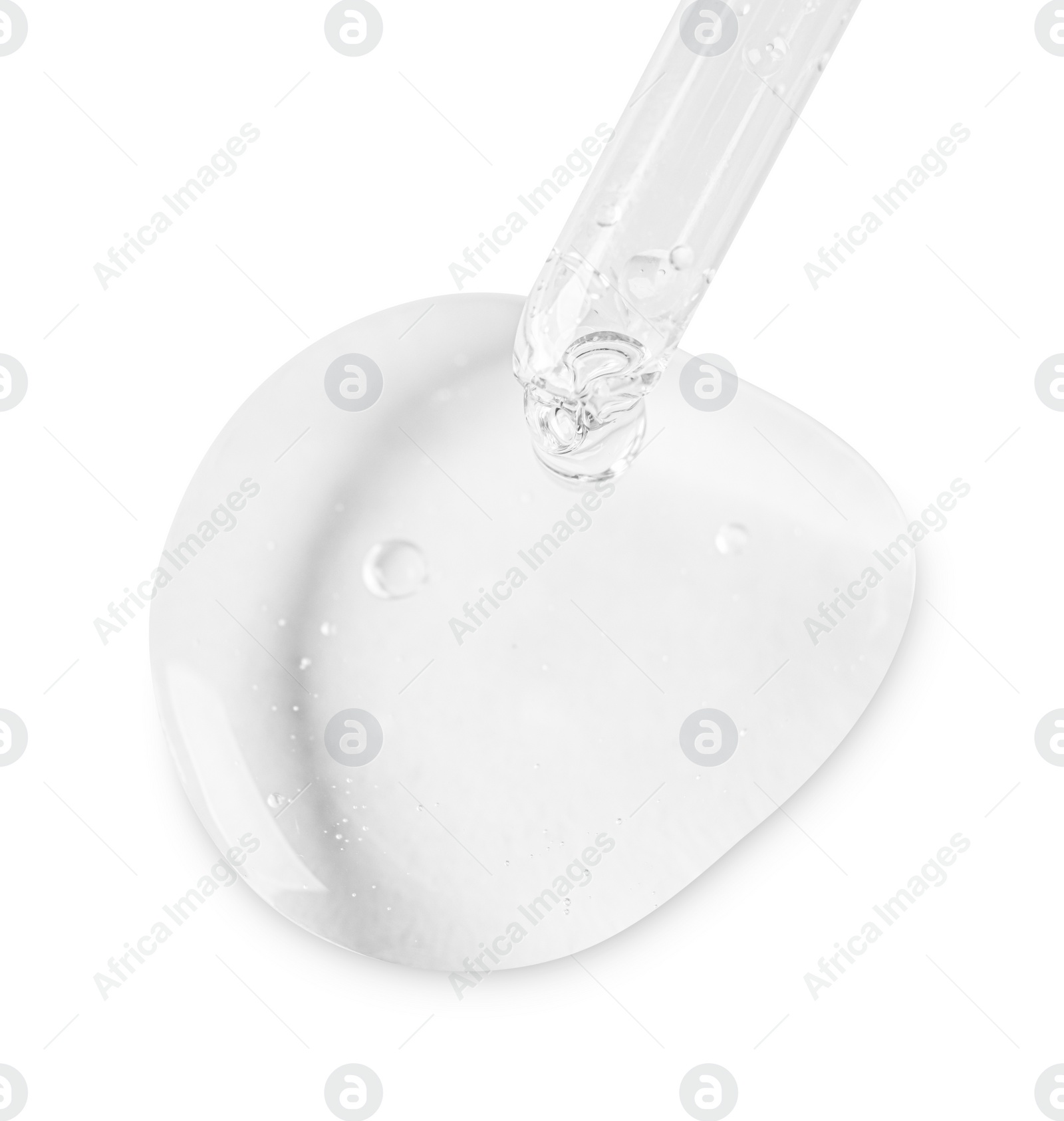 Photo of Glass pipette and transparent liquid isolated on white