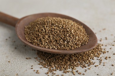 Photo of Spoon of celery seeds on light grey table, closeup