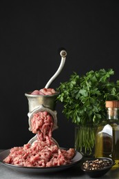 Manual meat grinder with beef mince, spices, oil and parsley on grey table