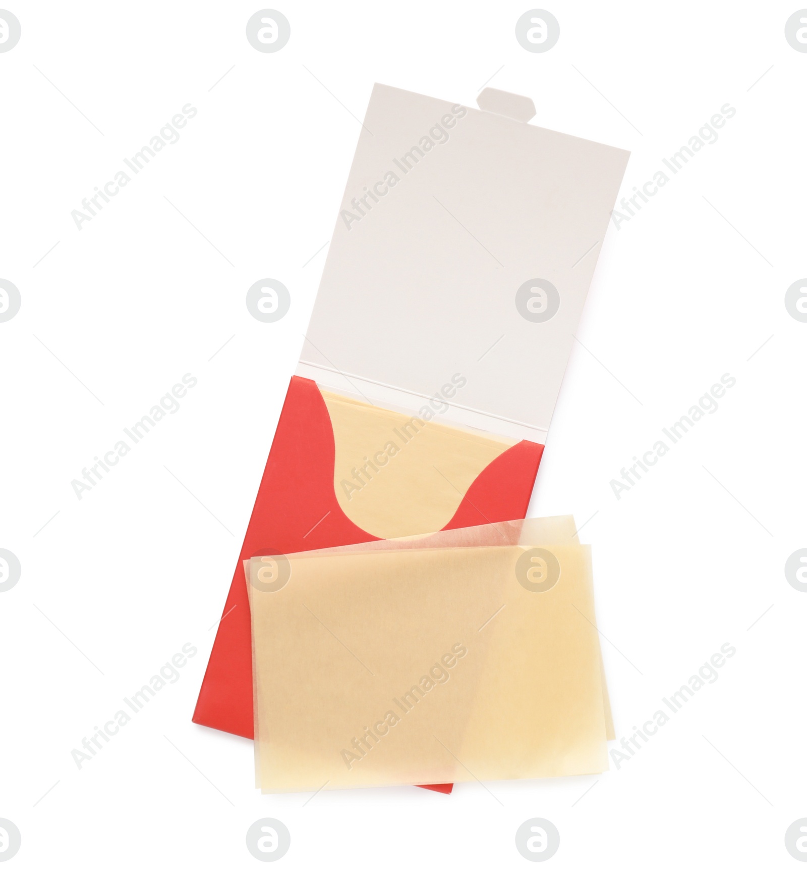 Photo of Package with facial oil blotting tissues on white background, top view. Mattifying wipes