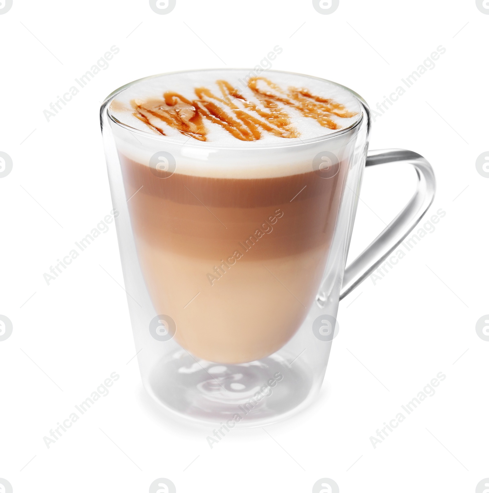 Photo of Glass cup with caramel macchiato on white background