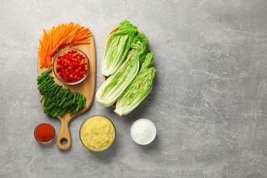 Fresh Chinese cabbages and other kimchi ingredients on light grey table, flat lay. Space for text