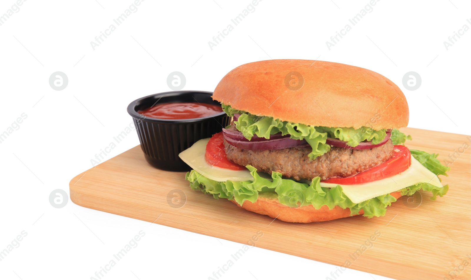 Photo of Tasty burger with vegetables, patty, cheese and ketchup isolated on white