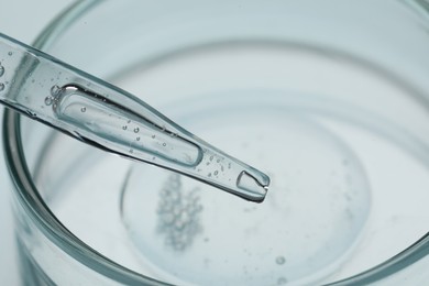 Glass pipette and petri dish with liquid on light background, closeup