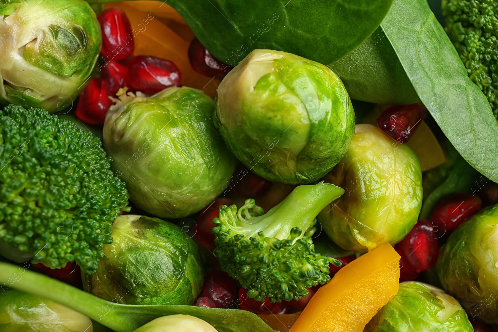 Photo of Tasty salad with Brussels sprouts, top view