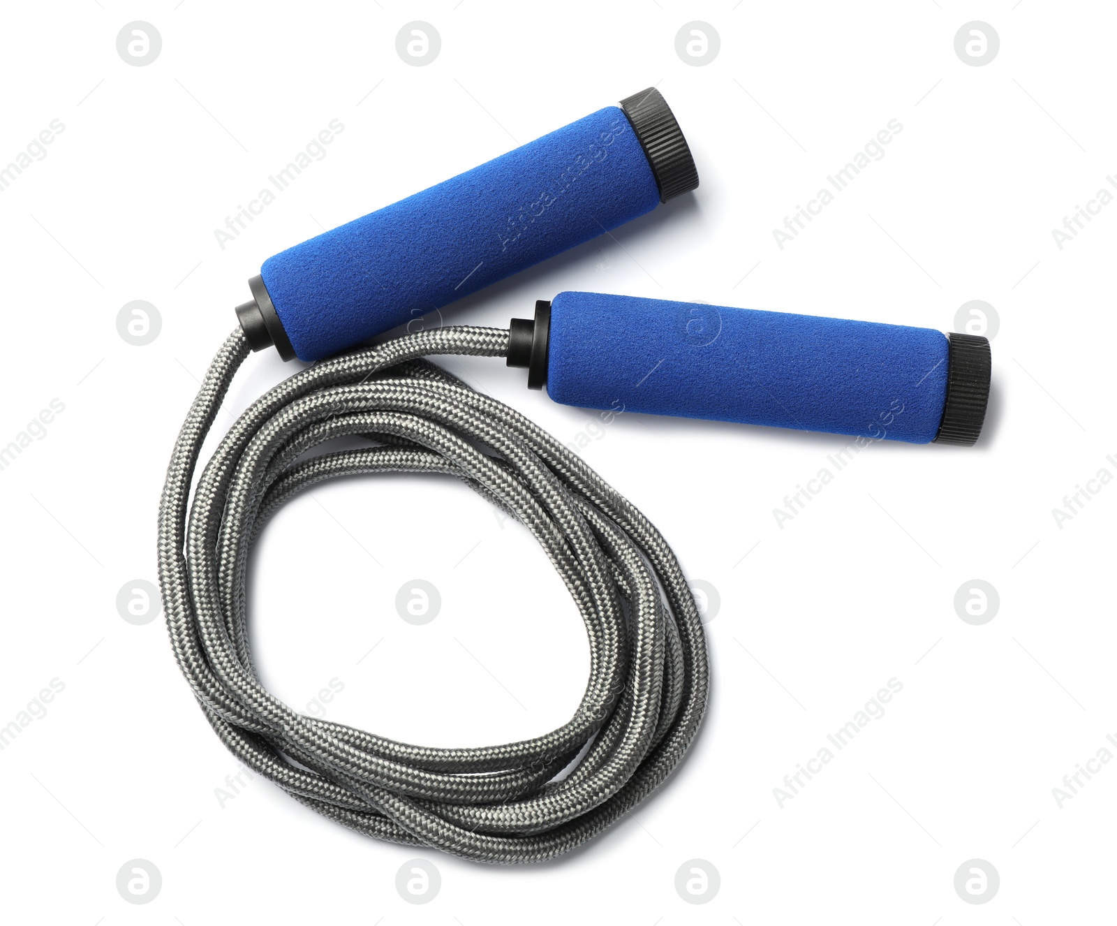 Photo of Jump rope on white background, top view. Sports equipment