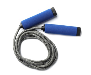 Photo of Jump rope on white background, top view. Sports equipment