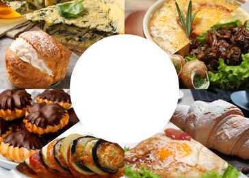 Image of Different tasty French dishes. Collage with ratatouille, quiche, desserts and others, space for text