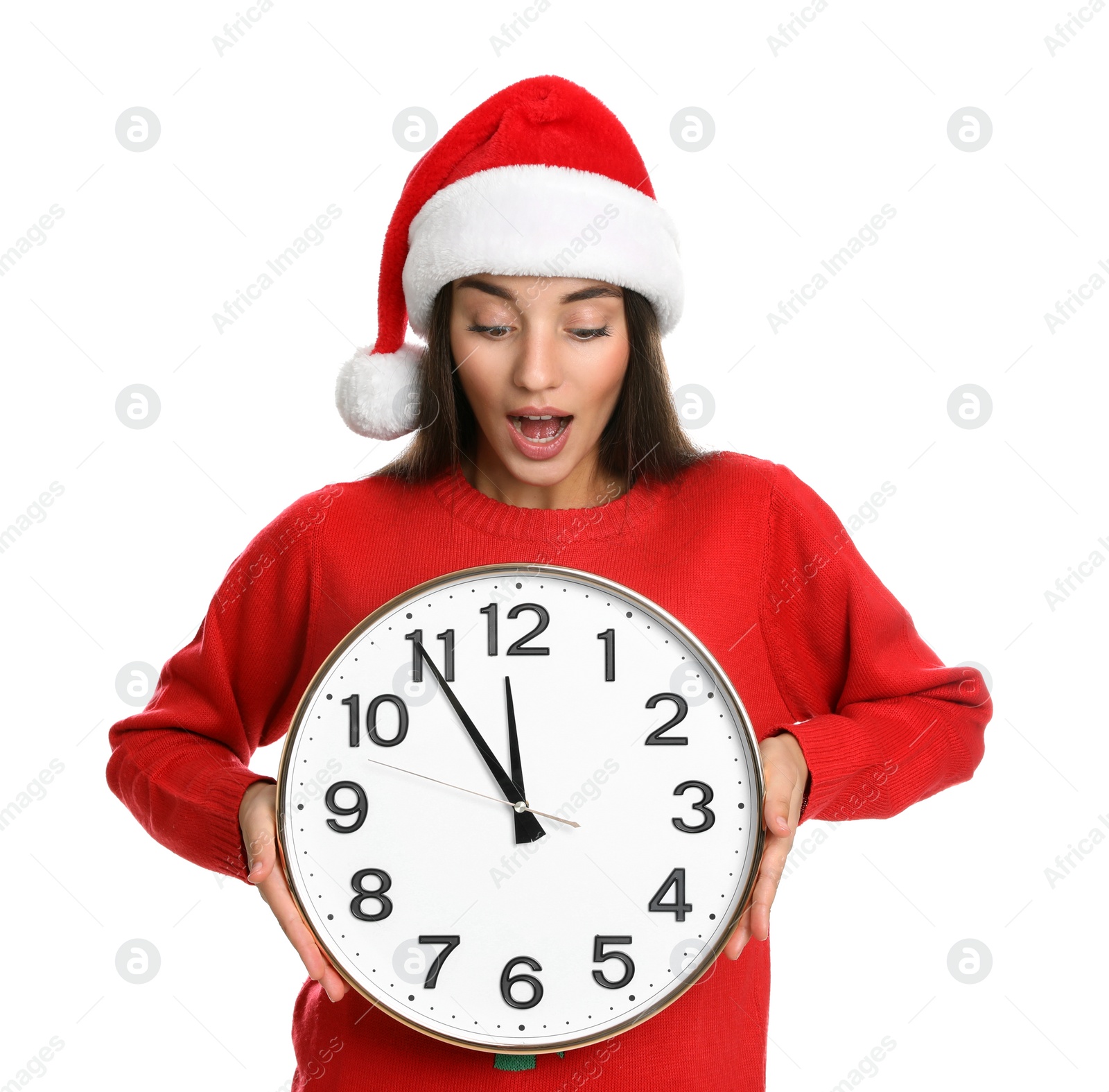 Photo of Woman in Santa hat with clock on white background. New Year countdown