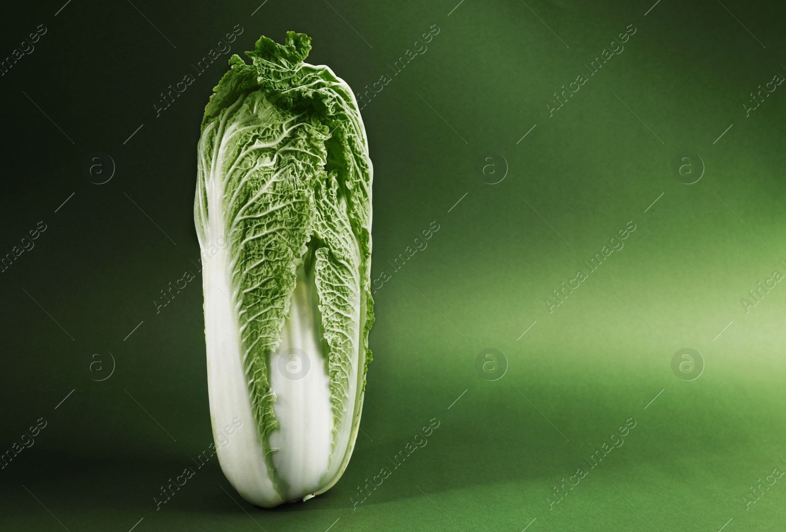 Photo of Fresh ripe Chinese cabbage on green background. Space for text