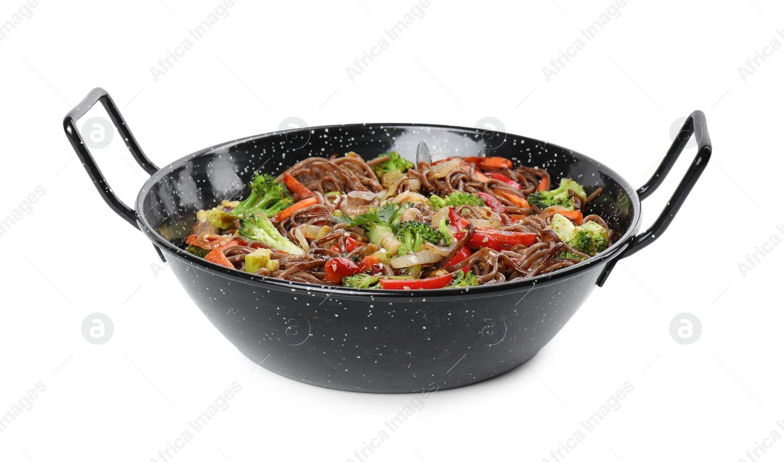 Photo of Stir-fry. Tasty noodles with meat and vegetables in wok isolated on white