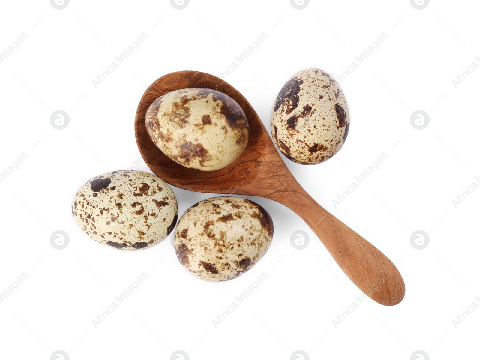 Photo of Wooden spoon and quail eggs on white background, top view