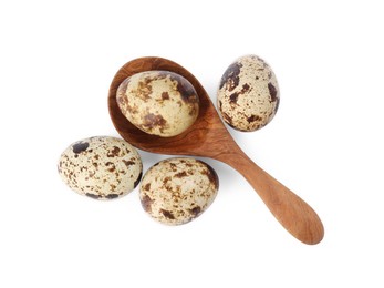 Wooden spoon and quail eggs on white background, top view