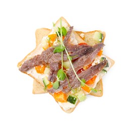 Photo of Delicious toasts with anchovies, cream cheese, bell peppers and cucumbers isolated on white, top view