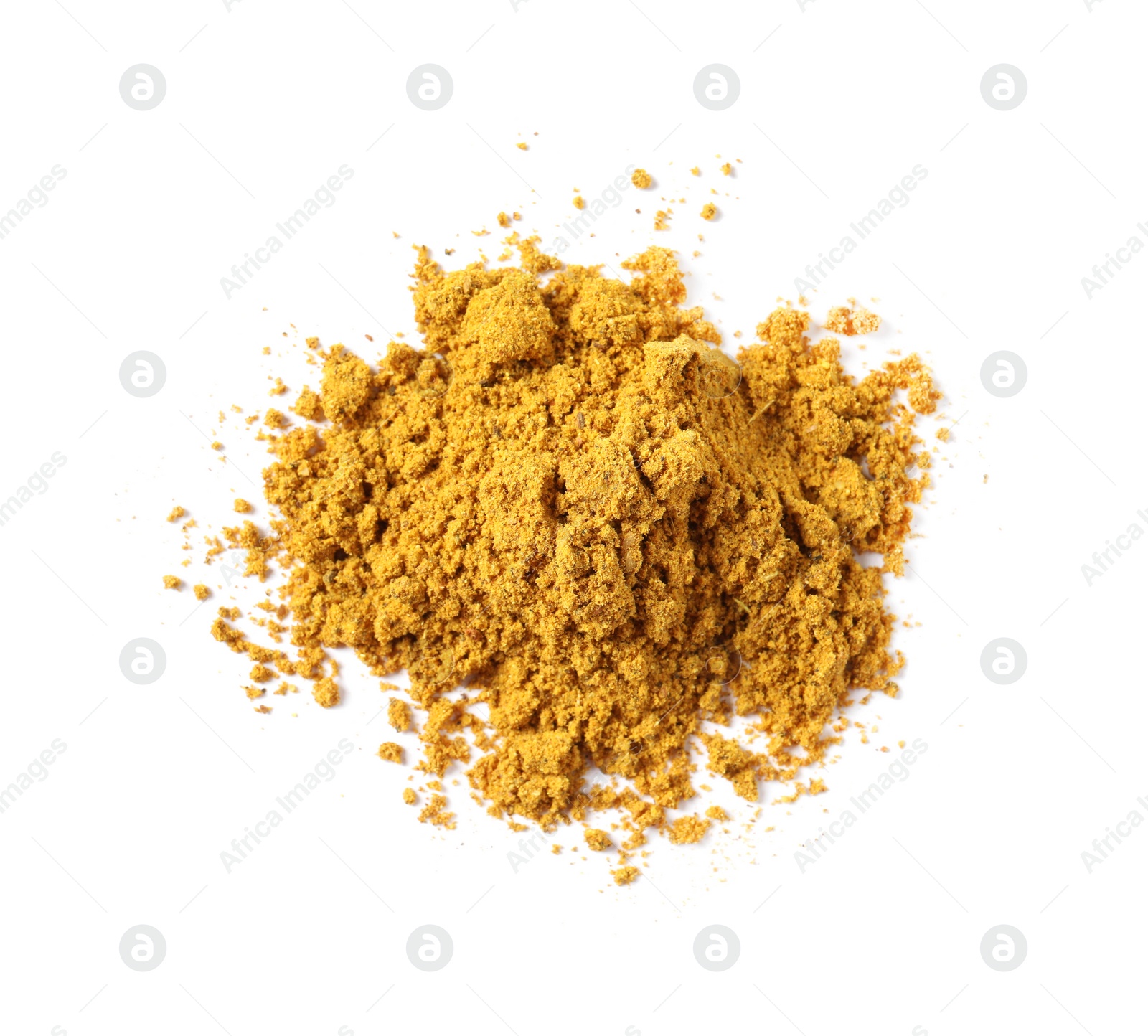 Photo of Pile of dry curry powder isolated on white, above view