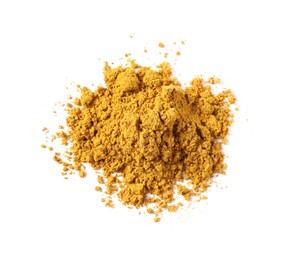 Photo of Pile of dry curry powder isolated on white, above view