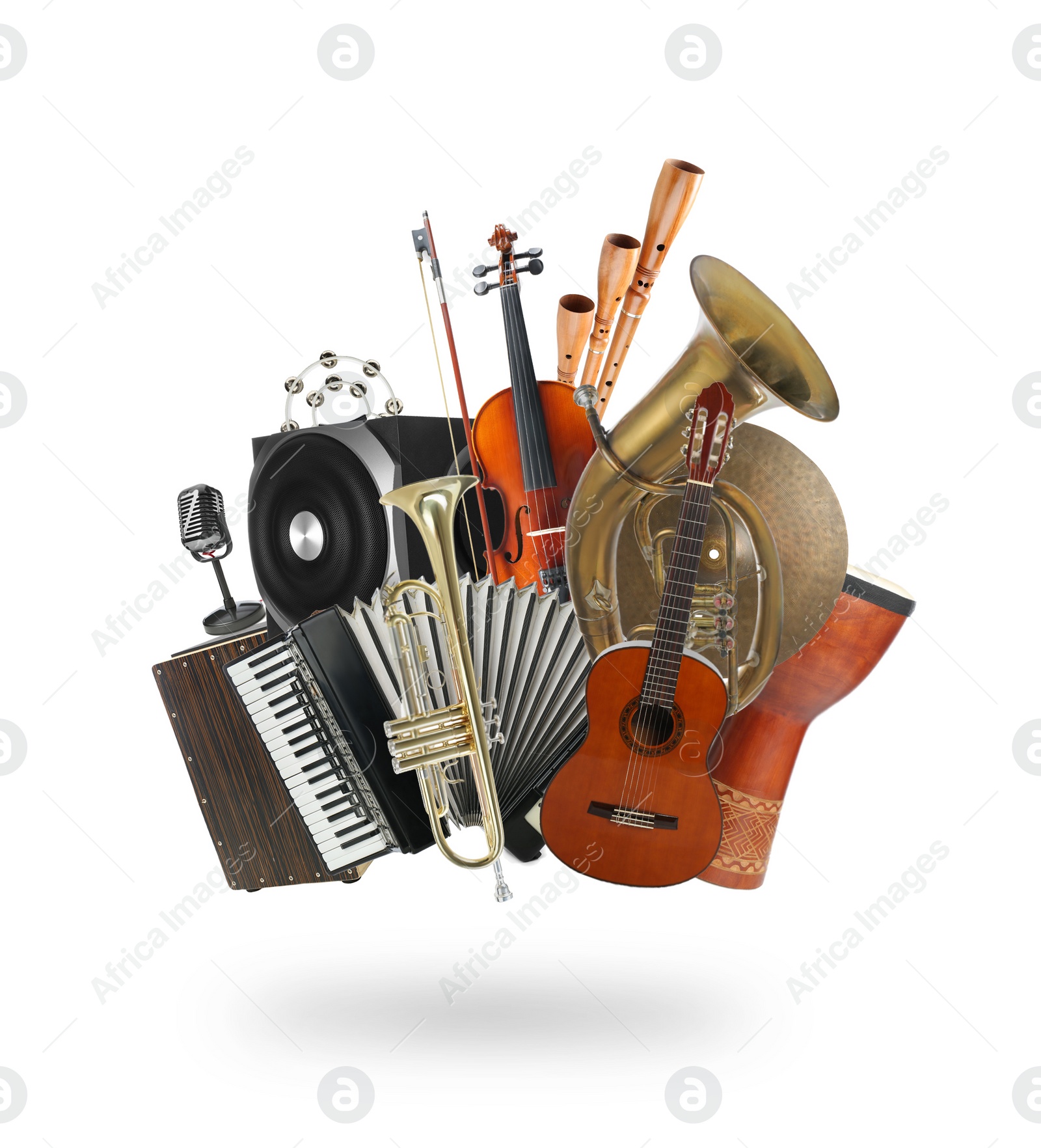 Image of Group of different musical instruments on white background